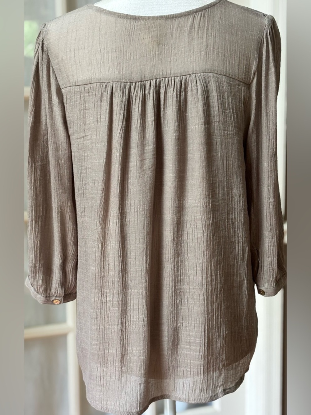 Boho Crochet Lace Yoke Blouse Taupe Flowy Peasant Top Medium - Picture 4 of 8